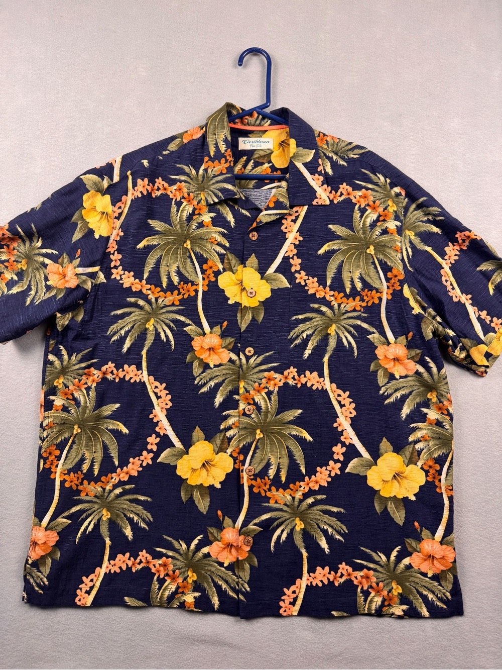 Caribbean Pure 100% Silk Hawaiian Floral Button Camp Shirt Men's XLarge  Blue